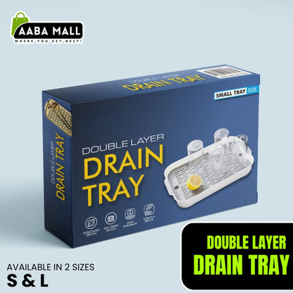 Double-layer plastic drain tray with perforated top layer and anti-slip base, used for drying sponges and kitchen tools
