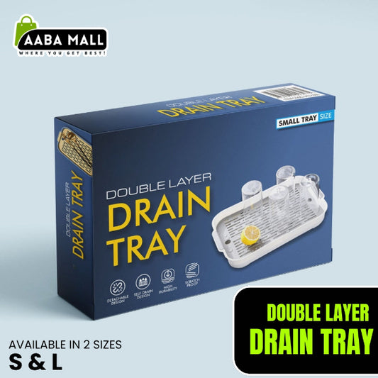 Double-layer plastic drain tray with perforated top layer and anti-slip base, used for drying sponges and kitchen tools