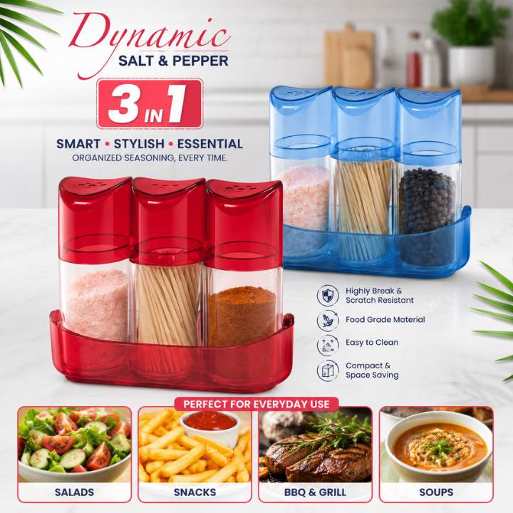3-in-1 salt and pepper shaker set with additional blue container on a kitchen counter.