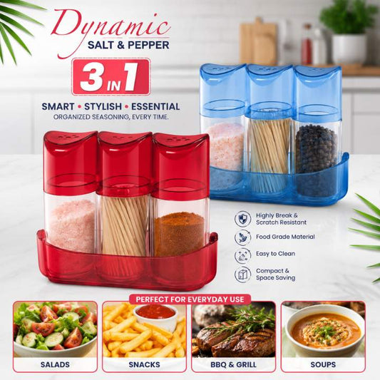 3-in-1 salt and pepper shaker set with additional blue container on a kitchen counter.