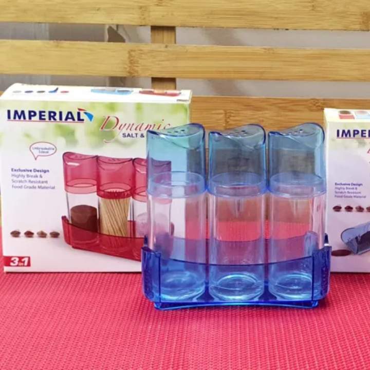 Blue salt and pepper shaker set with Imperial brand packaging in the background.