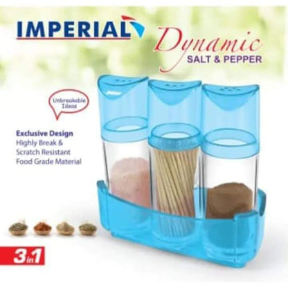Imperial Dynamic salt and pepper shaker set with toothpick holder on a white background
