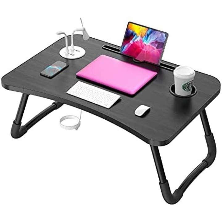 Portable laptop desk with a laptop, keyboard, mouse, and other items on a white background