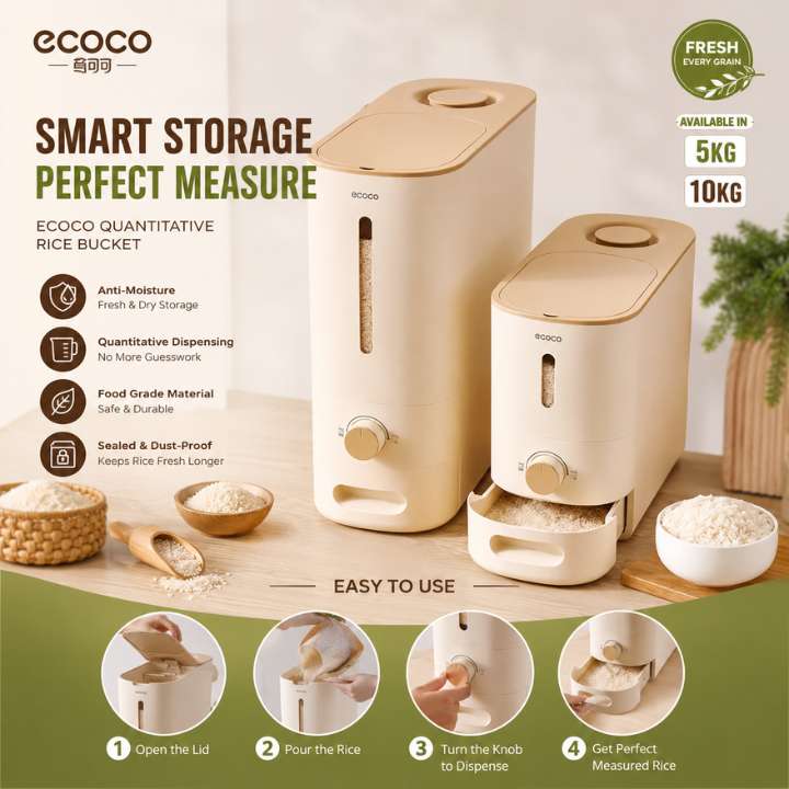 ECOCO Quantitative Rice Bucket – Anti‑Moisture Rice Container, Large Capacity Rice Storage & Dispenser for Kitchen Organization