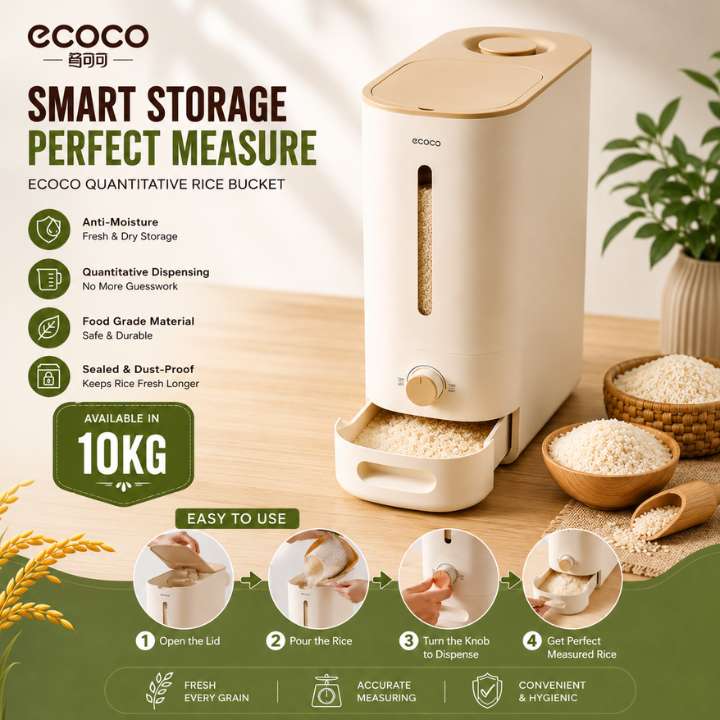 ECOCO Quantitative Rice Bucket – Anti‑Moisture Rice Container, Large Capacity Rice Storage & Dispenser for Kitchen Organization