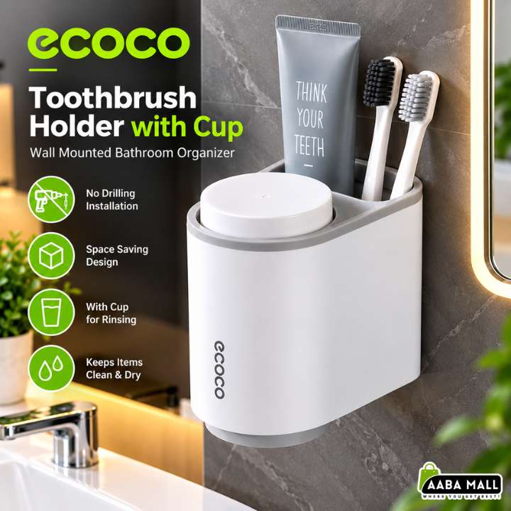 ECOCO grey toothbrush holder with cup wall mounted bathroom organizer for toothbrush, toothpaste and bathroom accessories storage