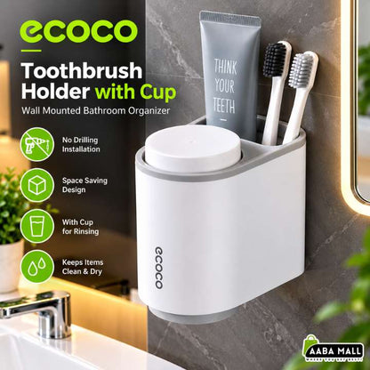 ECOCO grey toothbrush holder with cup wall mounted bathroom organizer for toothbrush, toothpaste and bathroom accessories storage