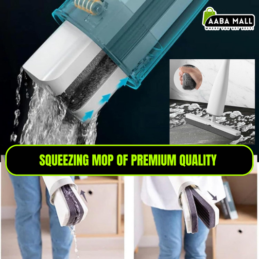 Squeezing mop with water being squeezed out, showing its use on a floor.