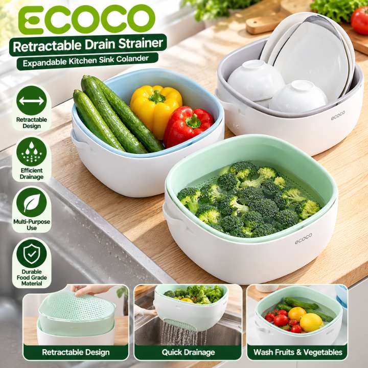 ECOCO Retractable Drain Strainer with Handle | Expandable Kitchen Sink Drain Basket | Vegetable & Fruit Washing Colander | Adjustable Food Drainer Basket | Multi-Purpose Sink Organizer Tool