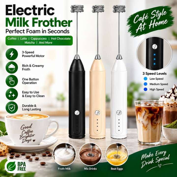 Electric Milk Frother for Coffee | 3‑Speed Powerful Handheld Foam Maker | Portable Whisk for Latte, Cappuccino, Hot Chocolate & More
