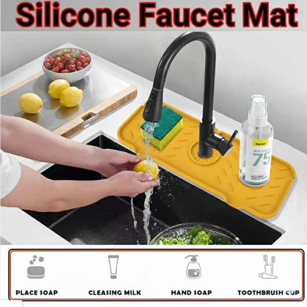 silicone faucet mat, sink draining pad, kitchen faucet protector, bathroom faucet mat, sink splash guard, faucet drying mat, kitchen accessories, water draining pad, countertop protector, faucet splash catcher
