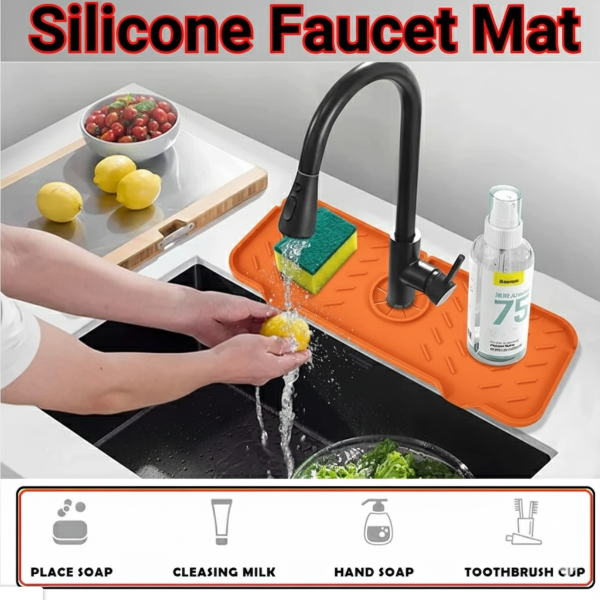 silicone faucet mat, sink draining pad, kitchen faucet protector, bathroom faucet mat, sink splash guard, faucet drying mat, kitchen accessories, water draining pad, countertop protector, faucet splash catcher
