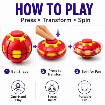 Instructional graphic showing how to play a red and yellow ball-shaped stress relief toy. The steps include: 1.
