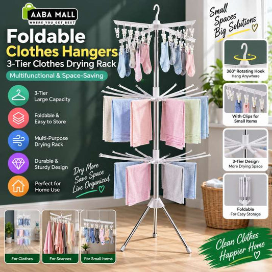 A 3-tier foldable clothes drying rack with hanging hooks, clips, and multiple bars, shown with colorful garments on a wooden floor. The image includes promotional text and feature icons from AABA Mall, highlighting its space-saving, multifunctional design for home use.
