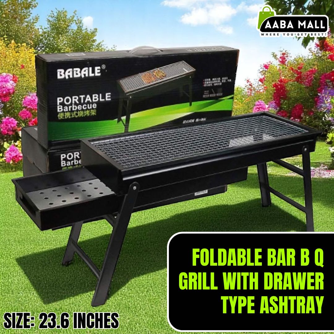 Foldable BAR B Q Grill - Barbecue BBQ Tool Angeethi With Drawer Type Ashtray Black 23.6 inches