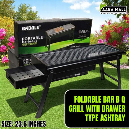 Foldable BAR B Q Grill - Barbecue BBQ Tool Angeethi With Drawer Type Ashtray Black 23.6 inches