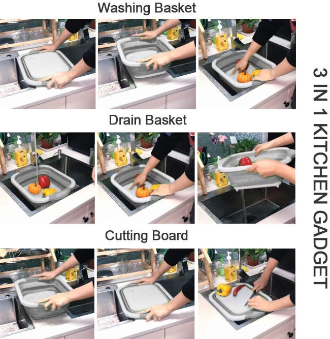 3-in-1 folding collapsible cutting board and washing drain sink storage basket for kitchen food prep