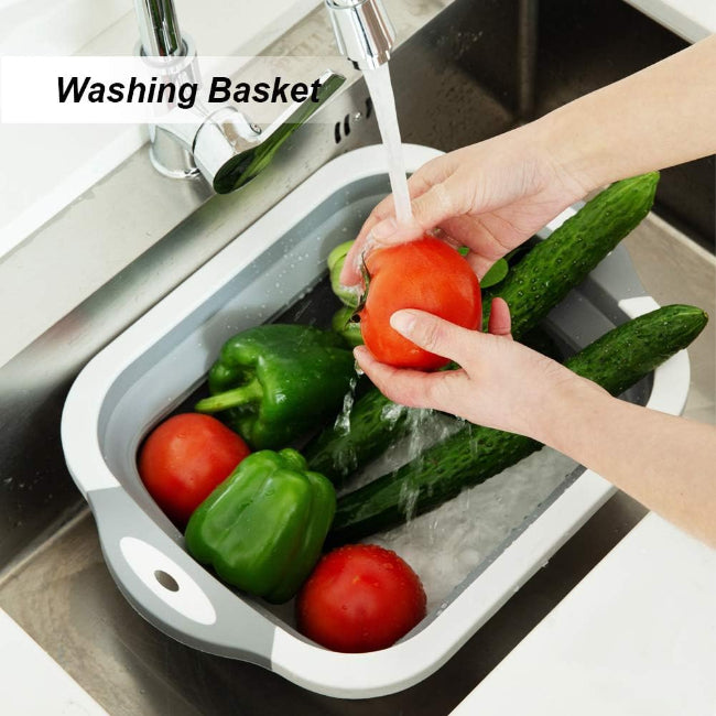 3-in-1 folding collapsible cutting board and washing drain sink storage basket for kitchen food prep