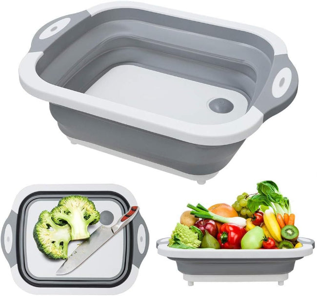 3-in-1 folding collapsible cutting board and washing drain sink storage basket for kitchen food prep