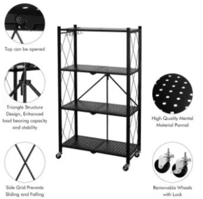 Folding metal storage shelf unit, collapsible 4-tier heavy-duty utility rack with no assembly required, for garage or pantry