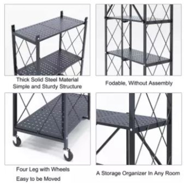 Folding metal storage shelf unit, collapsible 4-tier heavy-duty utility rack with no assembly required, for garage or pantry