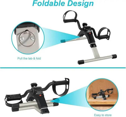 Foldable exercise bike with instructions on how to fold and store it.