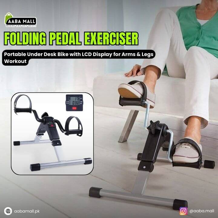 Folding pedal exerciser with person using it, displayed on a white background.