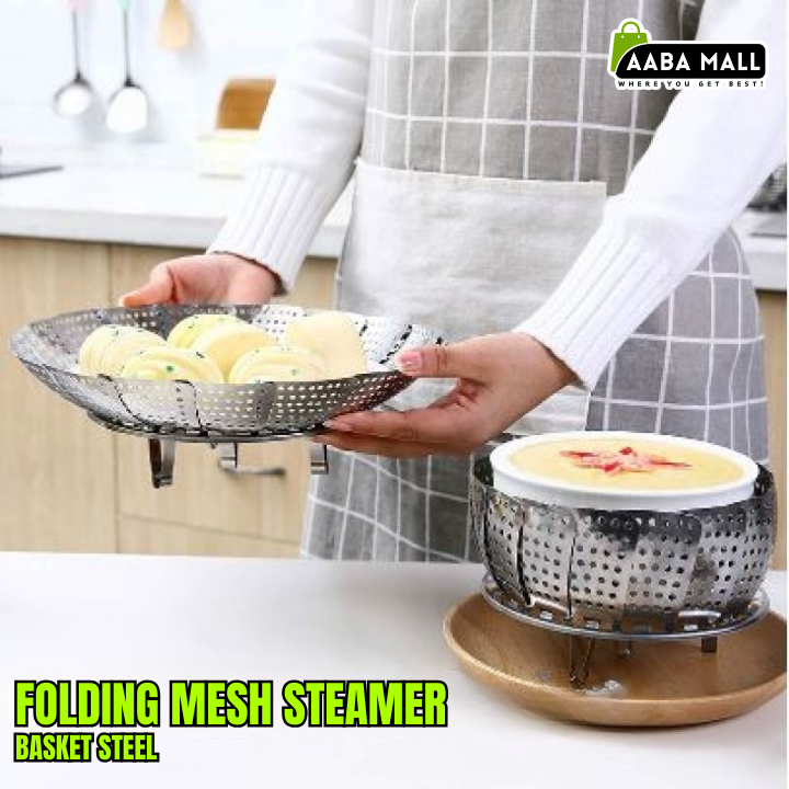 Folding stainless steel mesh steamer basket 27cm