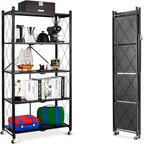 Folding Metal Storage Shelves (3, 4, or 5 Tiers) – Heavy-Duty Collapsible Utility Rack, No Assembly Required