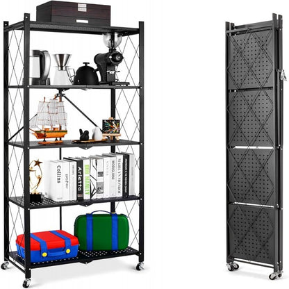 Folding Metal Storage Shelves (3, 4, or 5 Tiers) – Heavy-Duty Collapsible Utility Rack, No Assembly Required