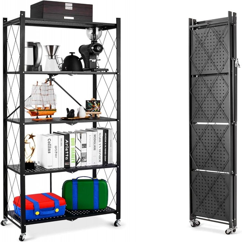 Folding Metal Storage Shelves (3, 4, or 5 Tiers) – Heavy-Duty Collapsible Utility Rack, No Assembly Required