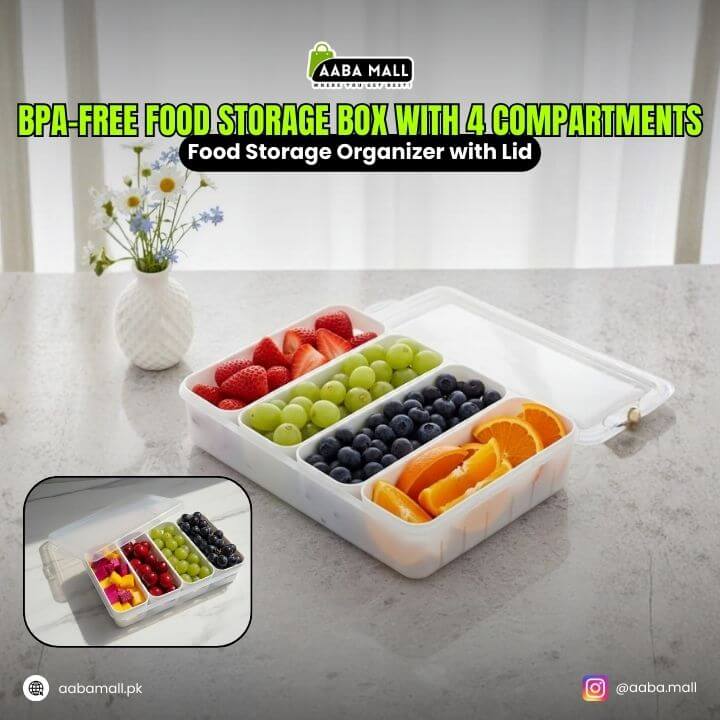 BPA-free food storage box with four compartments filled with fruits on a table.