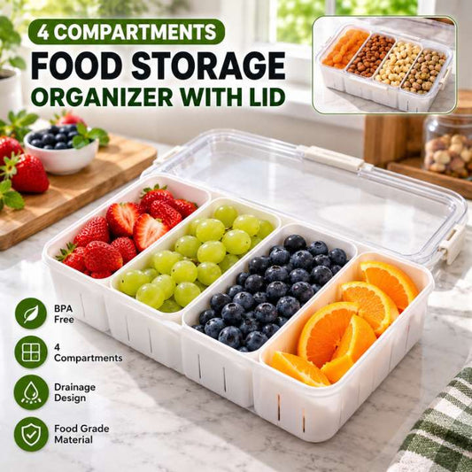 Food Storage Drainer Snack Box with 4 Compartments & Lid | Multi-Section Fridge Organizer Drawer Box for Snacks, Dry Fruits & Kitchen Storage