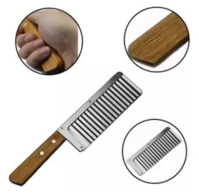 Crinkle cut wavy blade cutter, stainless steel kitchen tool for making French fry potatoes, chips, and decorative vegetable slices