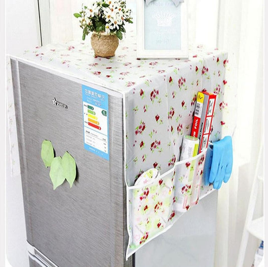 Fridge with a floral cover and hanging organizer with books and a plant