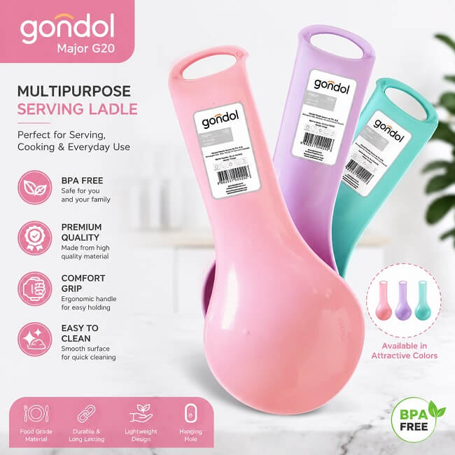 Three Gondol Major G20 multipurpose serving ladle handles in pink, purple, and teal, displayed on a light marble background with promotional text and icons.