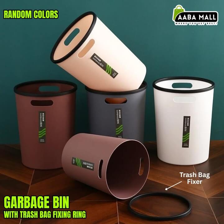 Set of garbage bins with trash bag fixing ring on a wooden surface against a teal background, featuring AABA MALL branding.