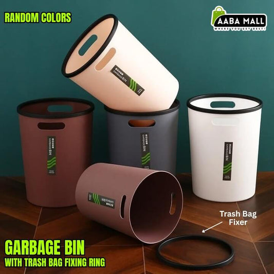 Set of garbage bins with trash bag fixing ring on a wooden surface against a teal background, featuring AABA MALL branding.