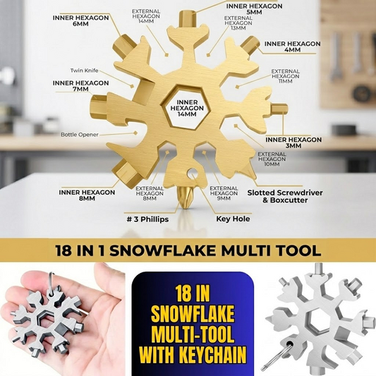 18 in 1 Snowflake Multi-Tool with Keychain - Flat and Phillips Screwdriver, Allen Wrench, Bottle Opener, Key Hole - Travel Camp Adventure Gadget Gift Tool for Men