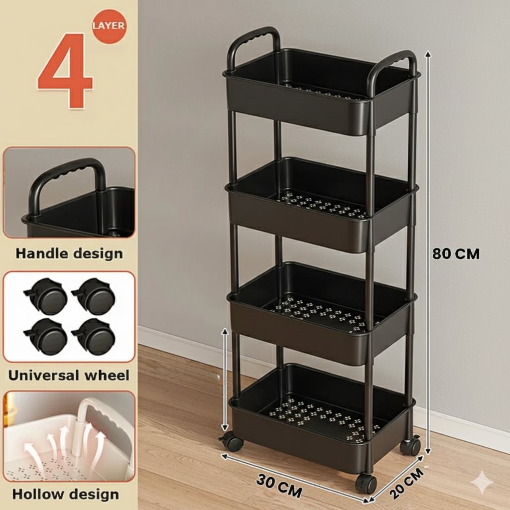 4-Tier Plastic Storage Trolley with Wheels – Multi-Purpose Rolling Utility Cart for Kitchen, Bathroom & Home Organization - AABA MALL