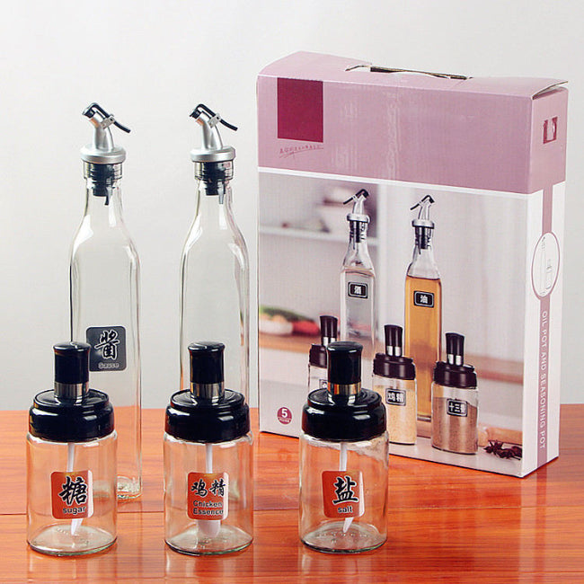 Kitchen seasoning organizer set with oil and vinegar bottles