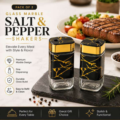 Glass Marble Salt & Pepper Shaker Set | Flip‑Lid Freshness Seal | Elegant Kitchen Table Seasoning Shakers