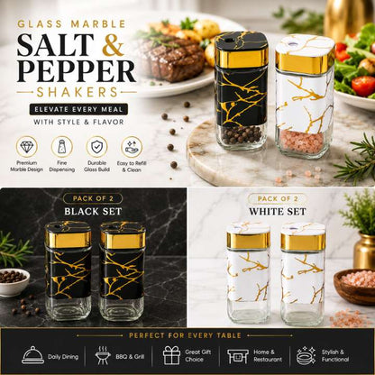 Glass Marble Salt & Pepper Shaker Set | Flip‑Lid Freshness Seal | Elegant Kitchen Table Seasoning Shakers