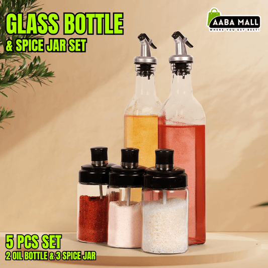 5 pcs glass seasoning bottle set with oil and vinegar dispenser