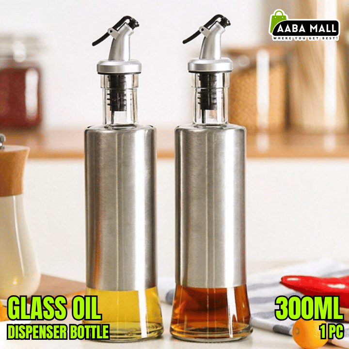 Glass oil dispenser bottle with stainless steel cover and leakproof spout