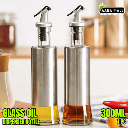 Glass oil dispenser bottle with stainless steel cover and leakproof spout