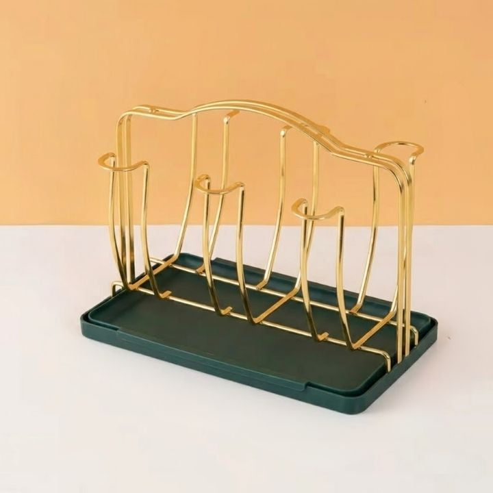 Rectangle Luxury Gold Metal Cup & Glass Holder with Drip Tray Countertop Organizer