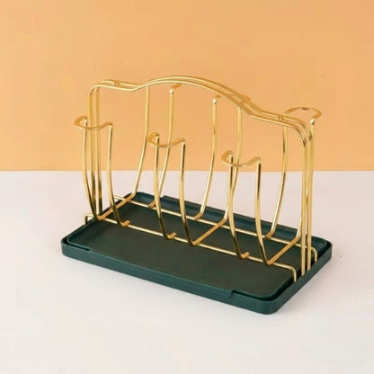 Rectangle Luxury Gold Metal Cup & Glass Holder with Drip Tray Countertop Organizer