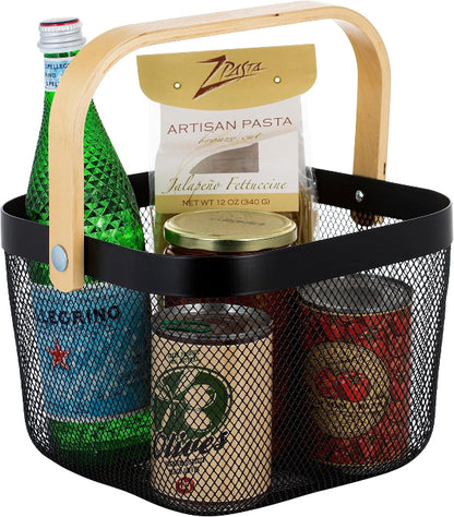 Multi-purpose shower caddy tote in grey mesh with bamboo handle