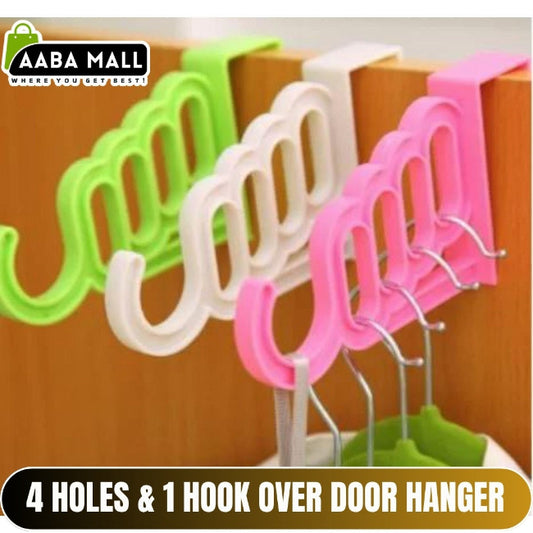 Pack of two white mini plastic over-the-door hook hangers, each showing 4 small holes and 1 large hook, hanging towels and a robe on a bathroom door.